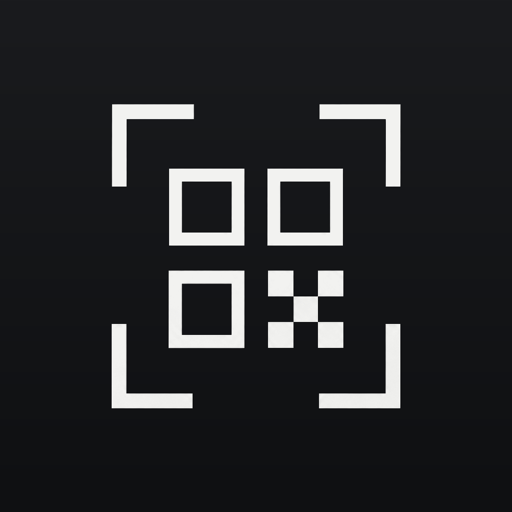 QR Scevio app icon: white scanner brackets around QR blocks on a black field.