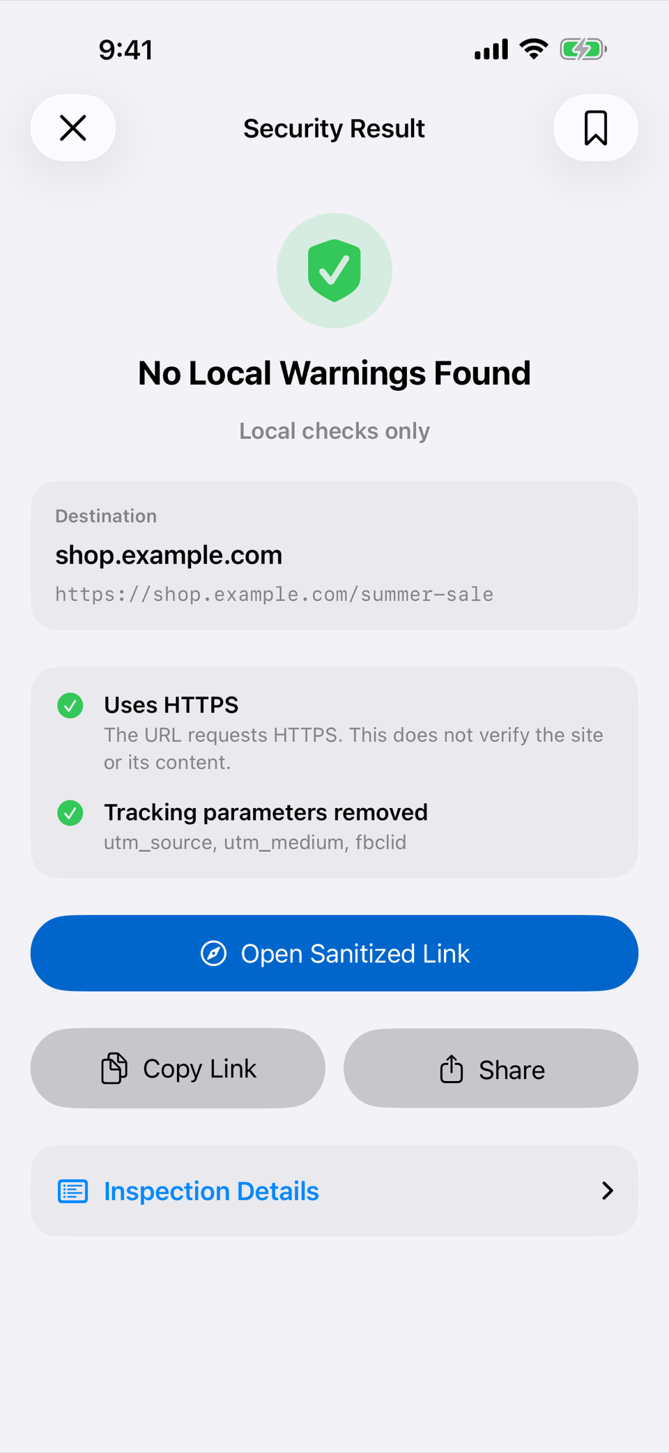 QR Scevio result screen showing that the tracking parameters utm_source, utm_medium and fbclid were removed, with an Open Sanitized Link button.