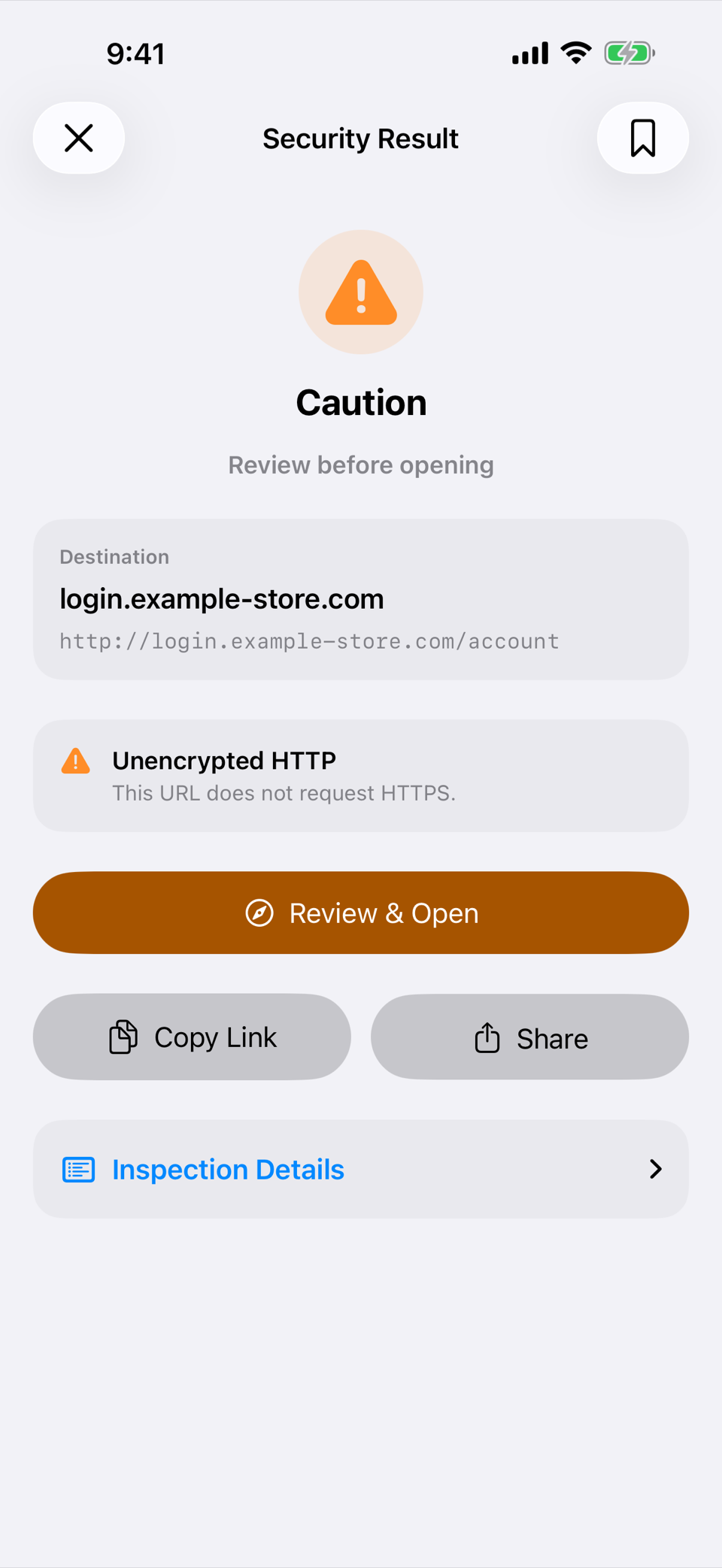 QR Scevio result screen reading "Caution, review before opening" for an unencrypted HTTP link to login.example-store.com, warning that the URL does not request HTTPS, with a Review and Open button.