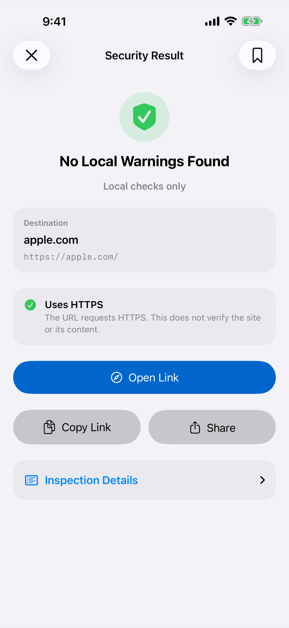 QR Scevio result screen reading "No Local Warnings Found, local checks only" for the destination apple.com, with a note that the URL requests HTTPS and buttons to open, copy or share the link.